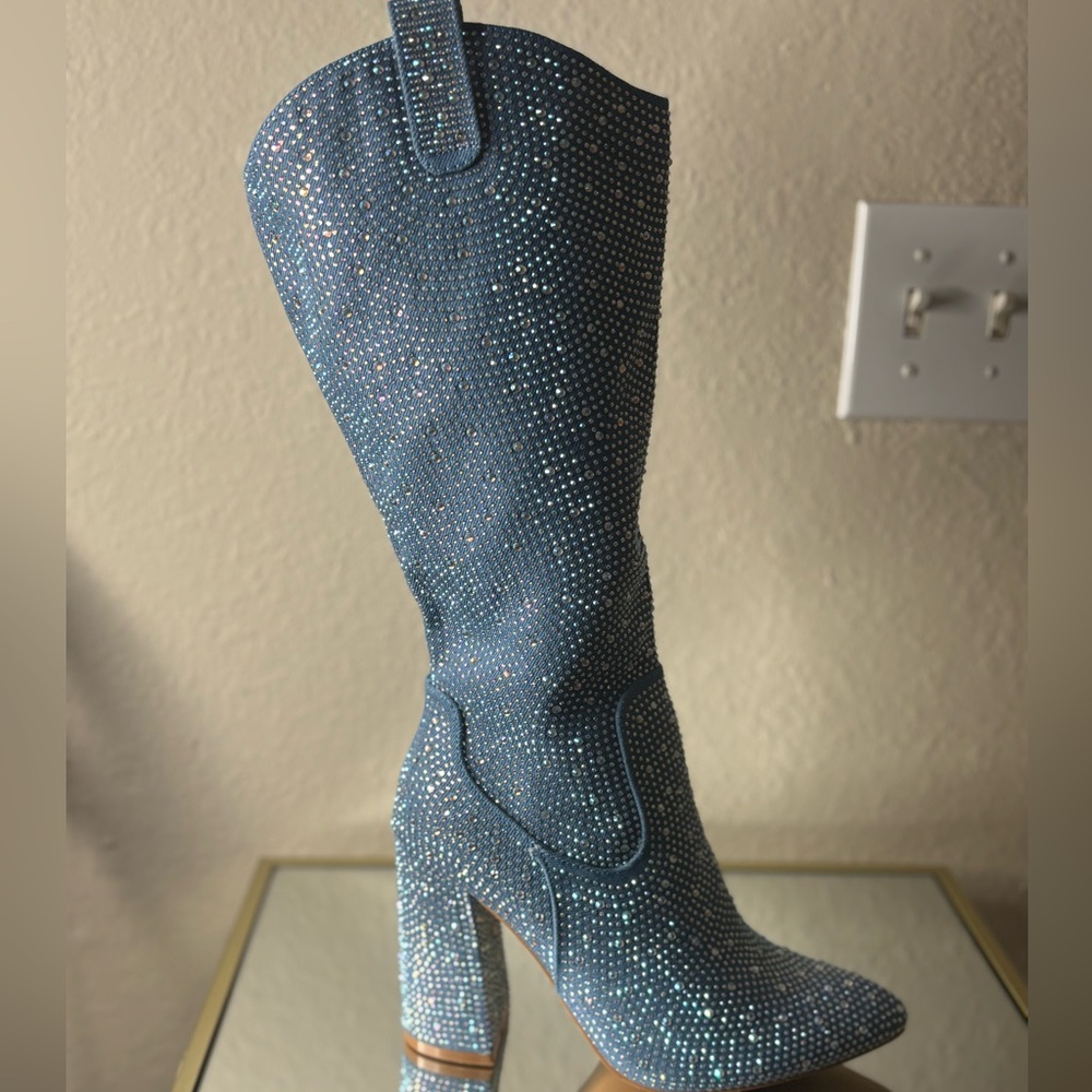 Blue Rhinestone Knee-High Women's Boots